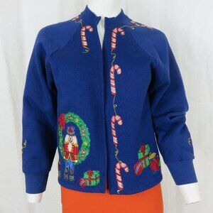 Vintage Fruit Of The Loom Christmas Sweater Blue Nutcracker Candy Cane Gifts M